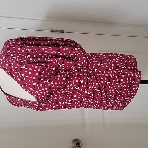 Nine West Size M Magenta Faux Wrap Blouse with Brown, Tan & White Polkadots, EUC - Picture 3 of 12
